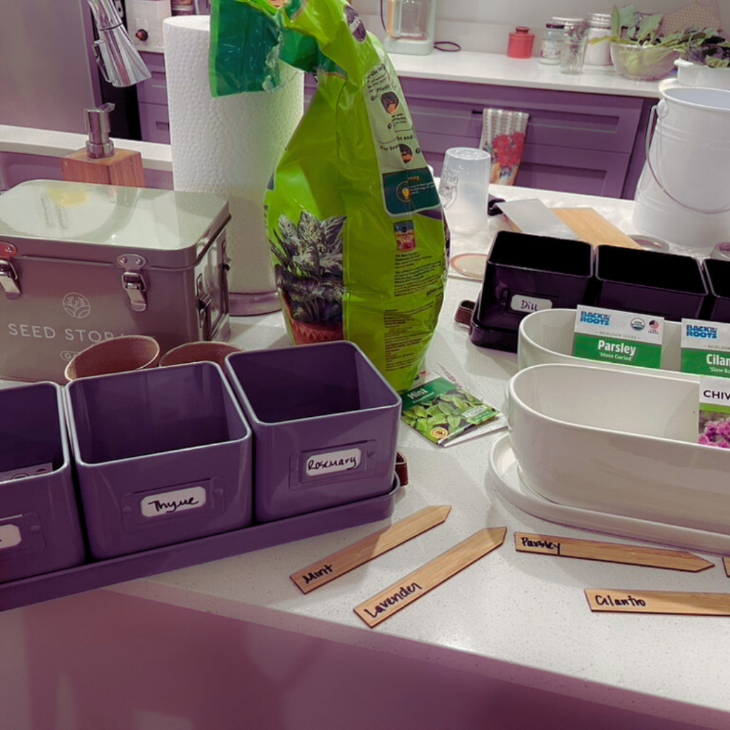 seed containers, soil, and labels as we planted on our kitchen counter