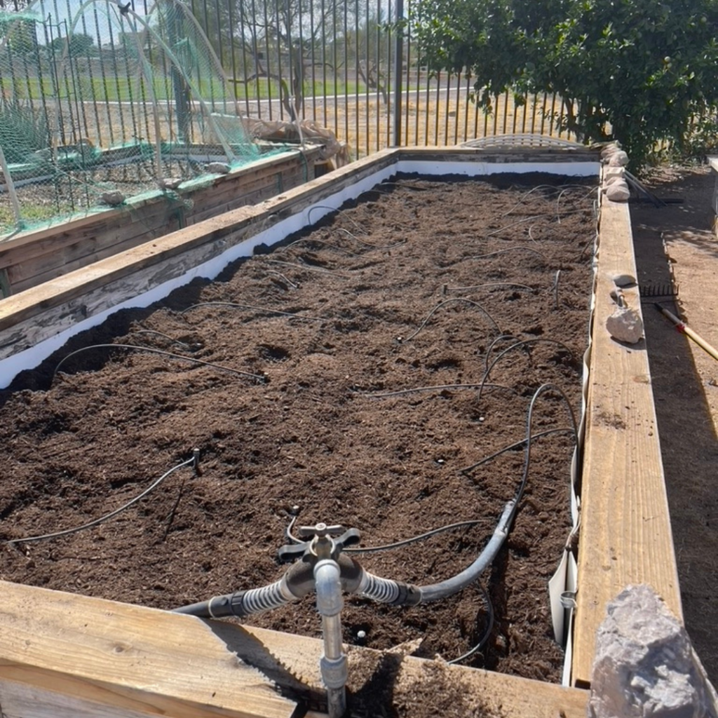 a raised community garden bed with fresh soil